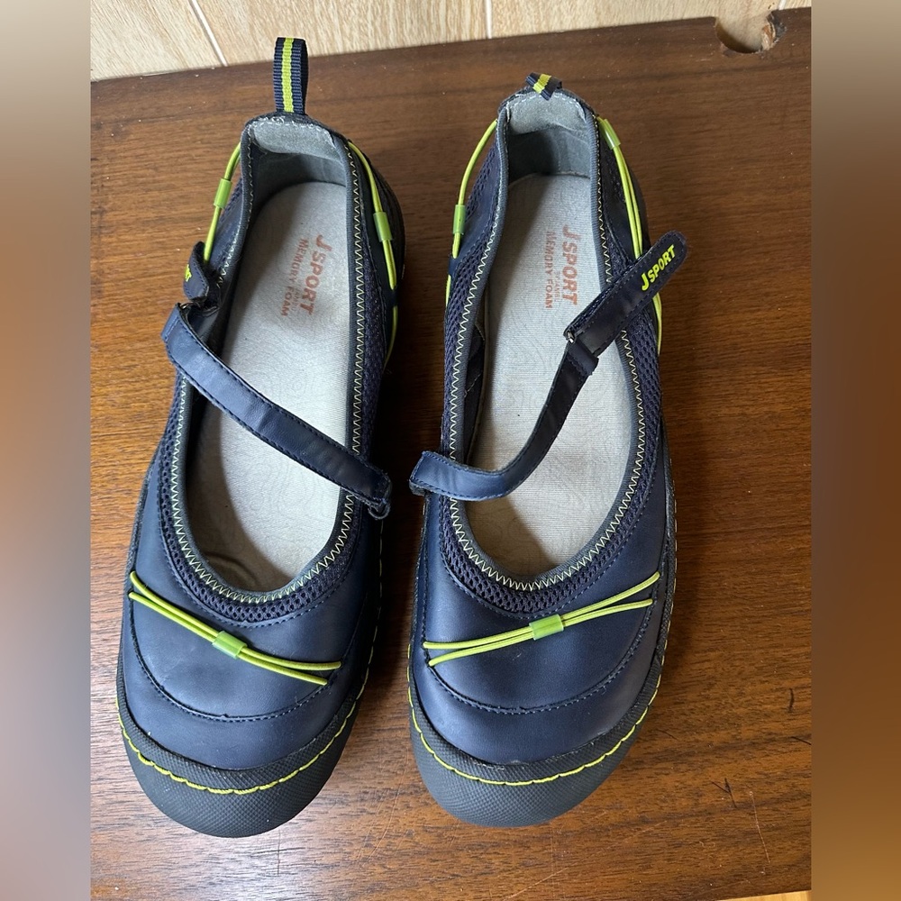 JSport by Jambu Navy Athletic Mary Jane w Lime Trim - Ballet Sneakers, Size 10